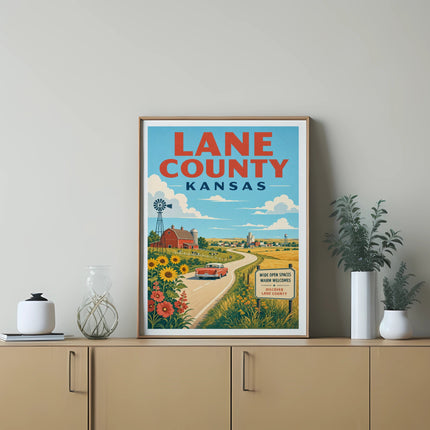 Vintage Lane County Kansas travel poster with farm and sunflowers.