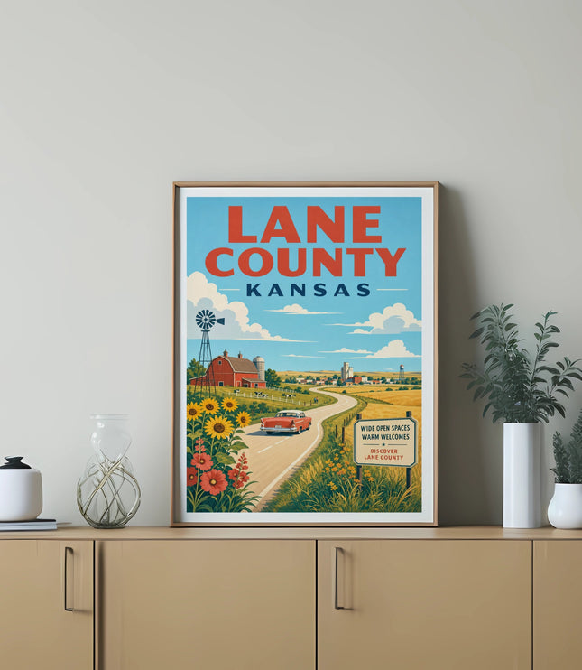 Vintage Lane County Kansas travel poster with farm and sunflowers.
