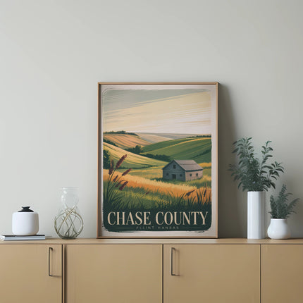 Art print with "Chase County Flint Kansas" text above a scenic rural landscape.