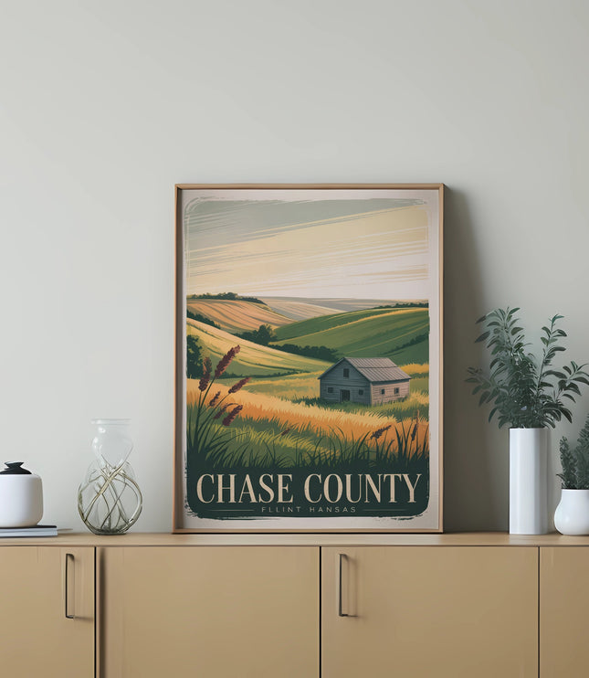 Art print with "Chase County Flint Kansas" text above a scenic rural landscape.