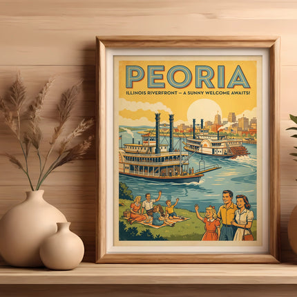 Peoria Illinois Riverfront poster with steamboats and families enjoying the scene.