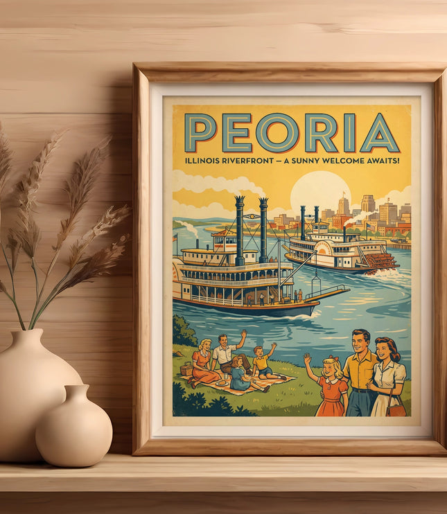 Peoria Illinois Riverfront poster with steamboats and families enjoying the scene.