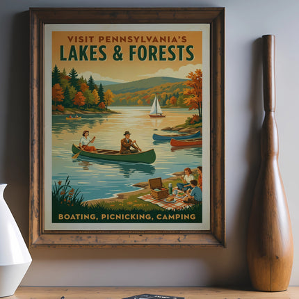 Vintage travel poster for Pennsylvania Lakes and Forests with people boating and picnicking.