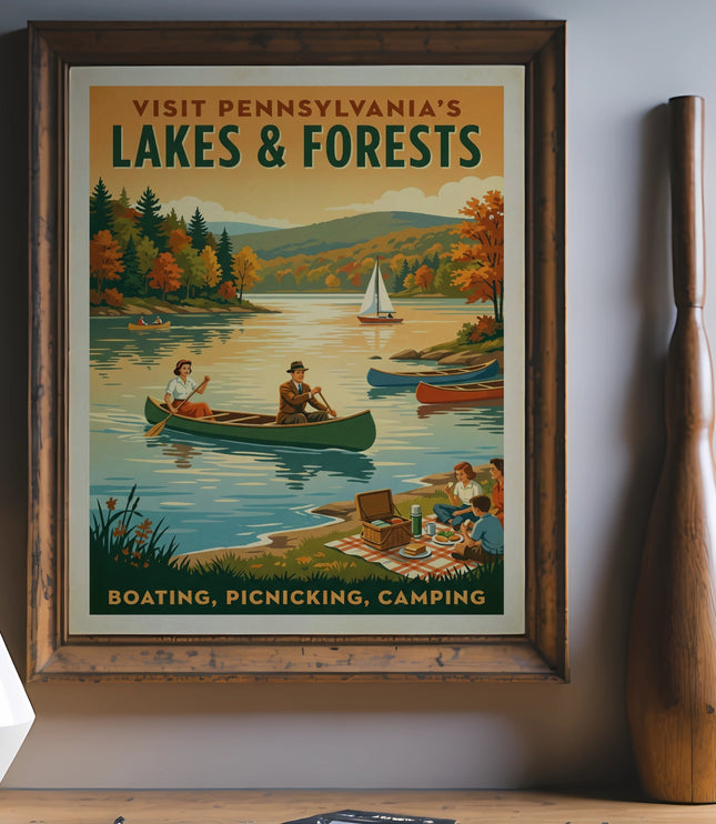 Vintage travel poster for Pennsylvania Lakes and Forests with people boating and picnicking.