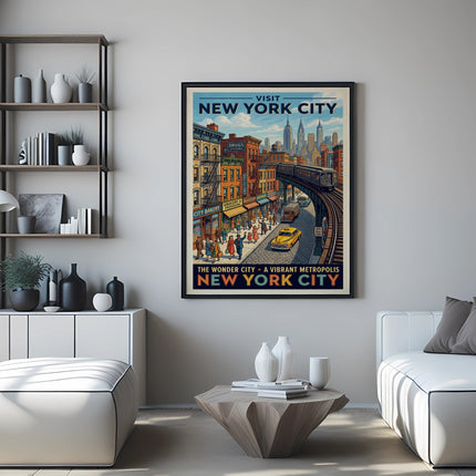 Vintage New York City subway poster featuring a busy street scene.