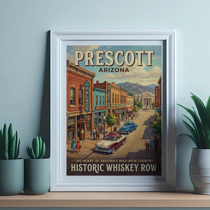 Prescott Arizona Historic Whiskey Row vintage poster with vintage cars and buildings.