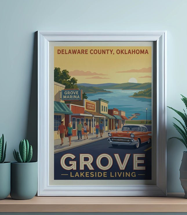 Vintage-style poster of Grove, Oklahoma, showing a lakeside town with a classic orange car.