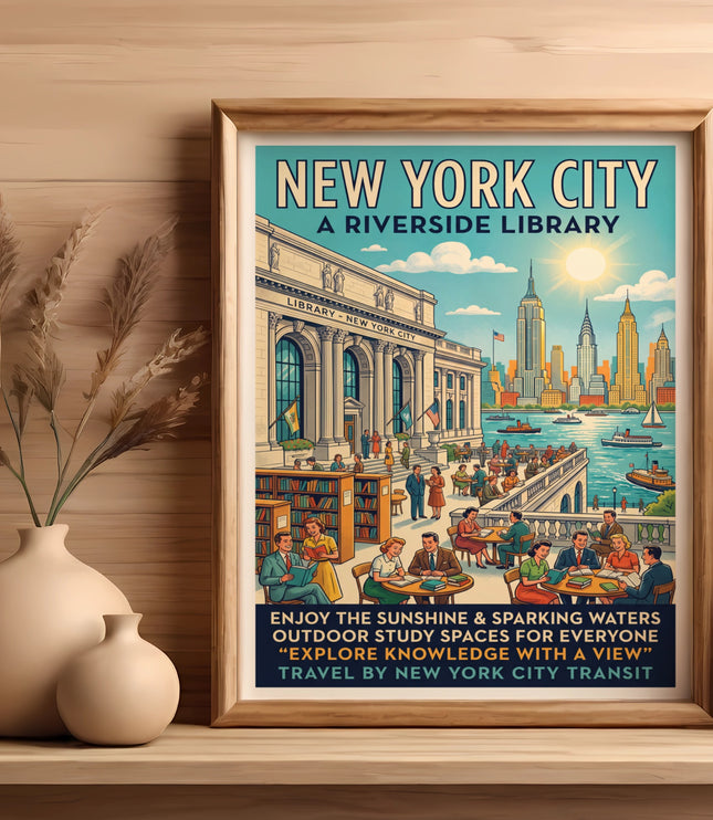 New York City poster with skyline, library, and people enjoying outdoor study spaces.