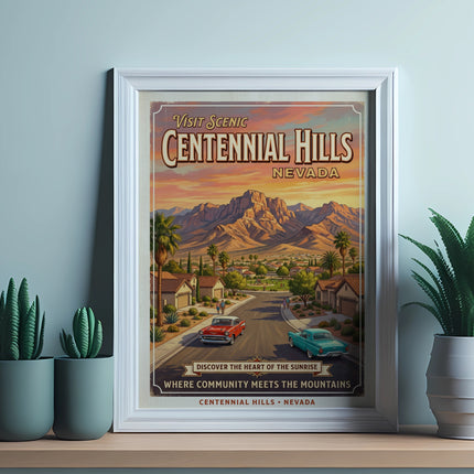 Vintage poster, Centennial Hills, Nevada, with sunset mountains, classic cars, and neighborhood.