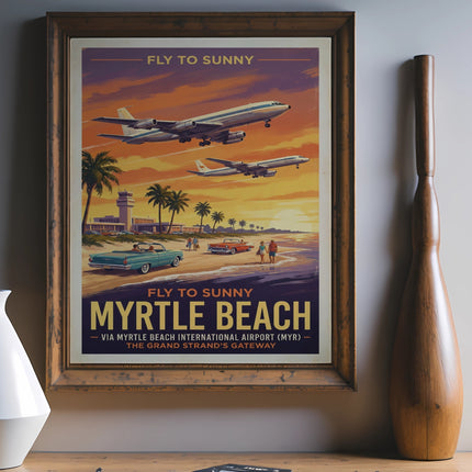 Vintage poster for Myrtle Beach featuring planes by the ocean with classic cars.