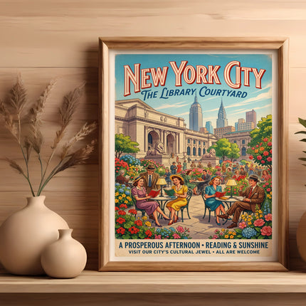 New York City Library Courtyard poster with people reading.