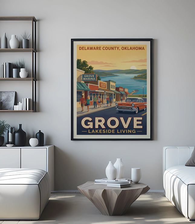 Retro art print of Delaware County, Oklahoma with "Grove - Lakeside Living" text.