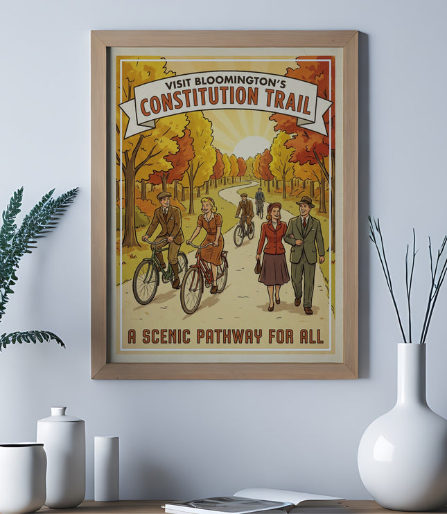 Vintage poster depicting people cycling and walking on Constitution Trail, promoting nature and recreation.