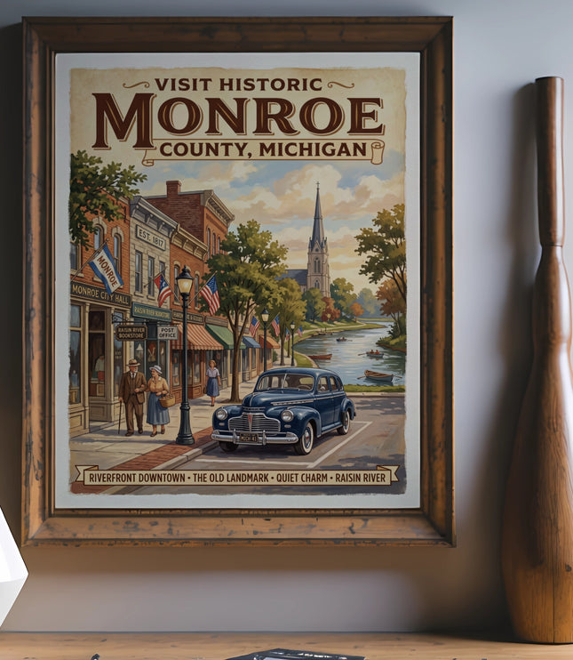 Vintage poster of Monroe County, Michigan featuring a street scene with antique car.