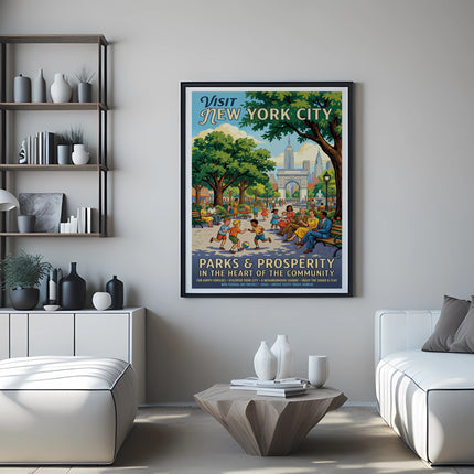 Vintage poster "Visit New York City Parks & Prosperity" with families in a park.