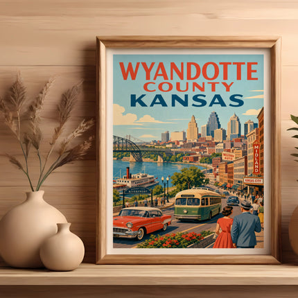 Vintage travel poster for Wyandotte County, Kansas with cityscape and classic car.