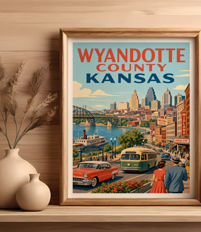 Vintage travel poster for Wyandotte County, Kansas with cityscape and classic car.