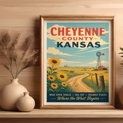 Cheyenne County Kansas vintage travel poster with sunflowers and windmill.