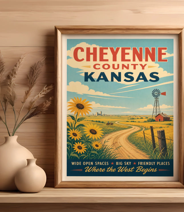 Cheyenne County Kansas vintage travel poster with sunflowers and windmill.
