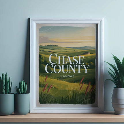 Framed artwork of Chase County, Kansas landscape with rolling hills and fields.