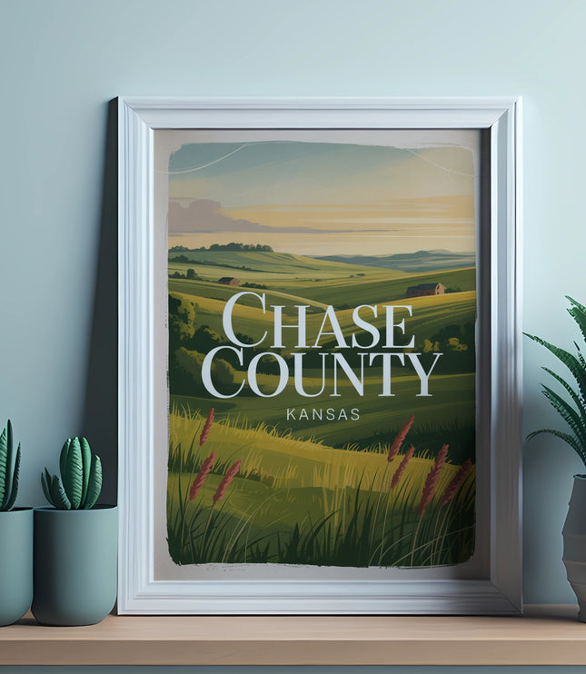 Framed artwork of Chase County, Kansas landscape with rolling hills and fields.