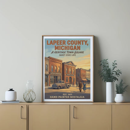 Lapeer County, Michigan heritage town square vintage poster with text.