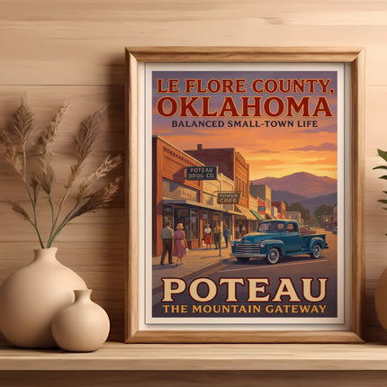 Le Flore County, Oklahoma poster featuring Poteau main street with a blue pickup truck.