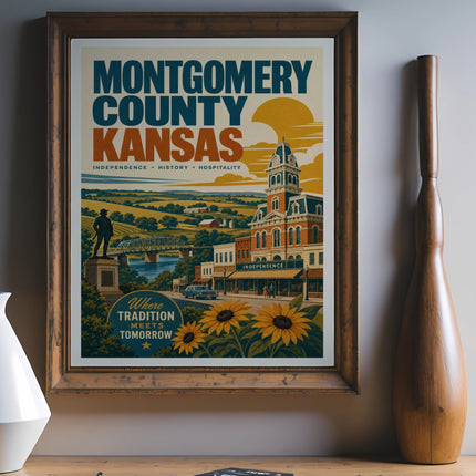 Montgomery County Kansas poster featuring a historical building and sunflowers.
