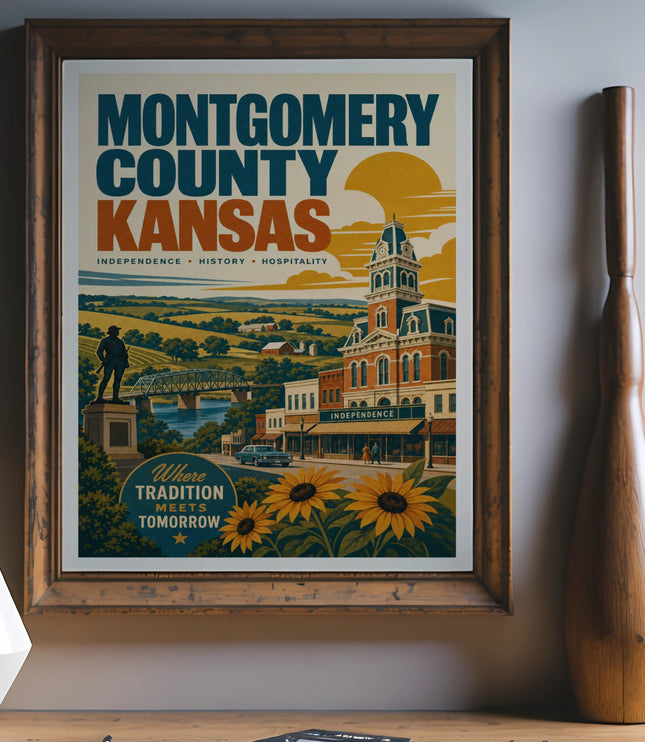 Montgomery County Kansas poster featuring a historical building and sunflowers.