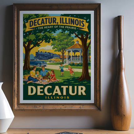 Vintage travel poster for Decatur, Illinois featuring a train, gazebo, and family picnic.