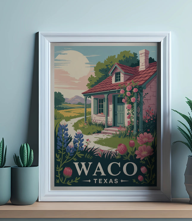 Framed artwork featuring a cottage, flowers, and "Waco Texas" text.