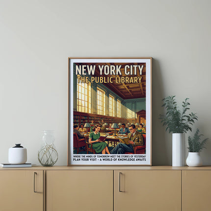 New York City Public Library poster featuring library interior and text.