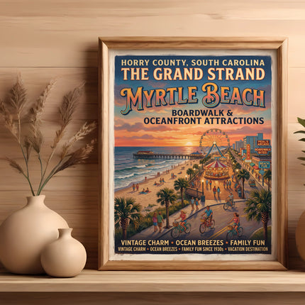Myrtle Beach graphic vintage poster with Ferris wheel and boardwalk scene.