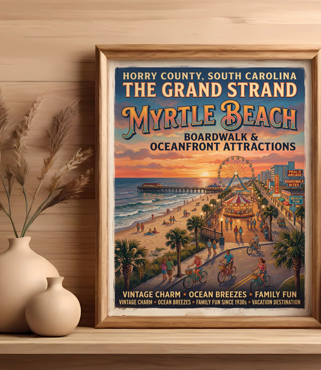 Myrtle Beach graphic vintage poster with Ferris wheel and boardwalk scene.