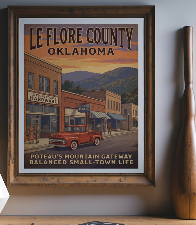 Le Flore County Oklahoma poster featuring Poteau's Mountain Gateway small-town life.