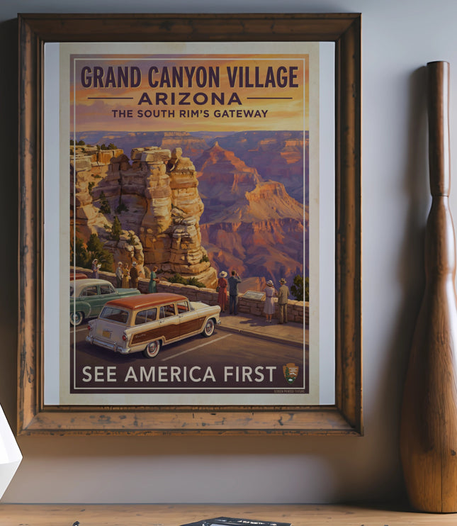 Grand Canyon Village Arizona vintage poster featuring cars and a scenic overlook with text SEE AMERICA FIRST.