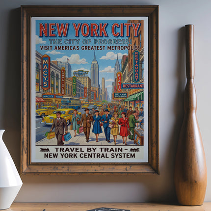 Vintage New York City travel poster showing a busy street scene and train travel advertisement.