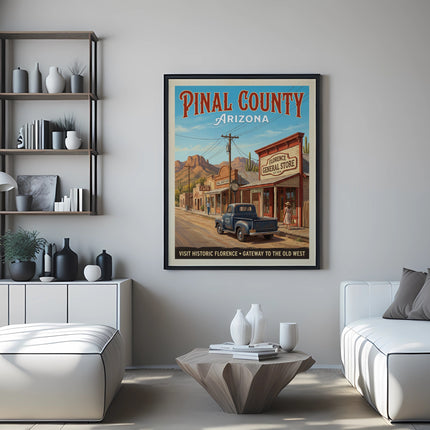 Pinal County Arizona vintage travel poster of Florence General Store and old truck.