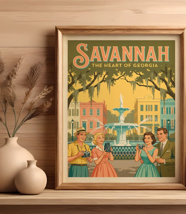 Vintage "Savannah, The Heart of Georgia" poster featuring people with cameras by a fountain.