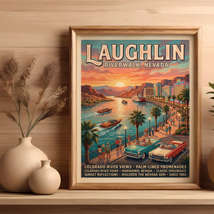 Laughlin Riverwalk, Nevada vintage poster with boats, cars, and resorts.