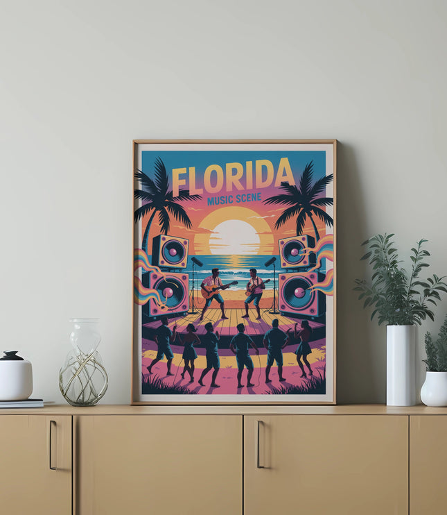 Florida Music Scene poster featuring a band performing on a stage by the ocean at sunset.
