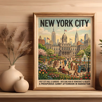 New York City poster with City Hall, gardens, and bustling crowds.