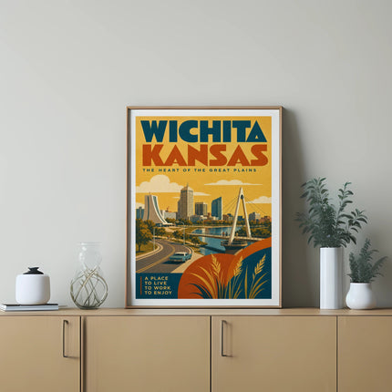 Wichita, Kansas art print with skyline, bridge, and text "The Heart of the Great Plains".