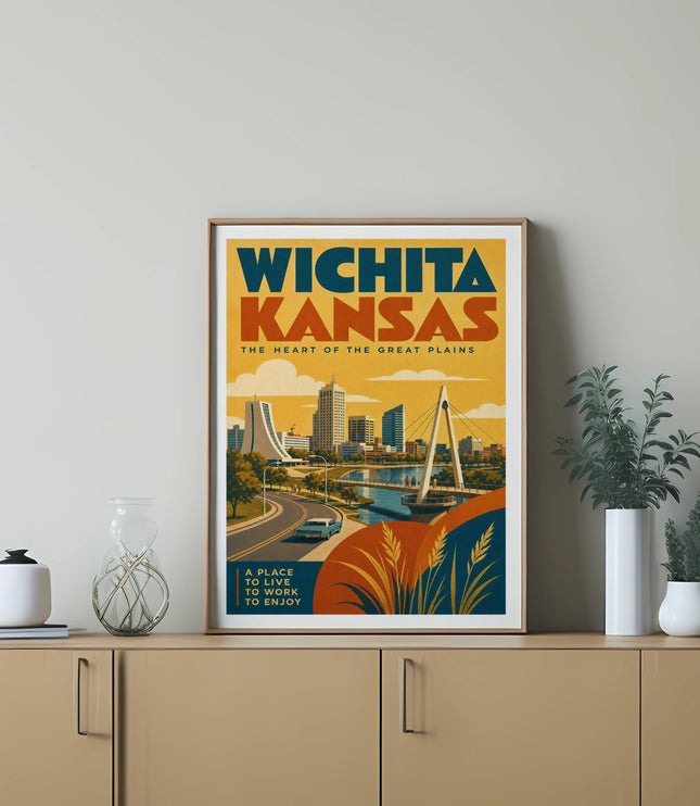 Wichita, Kansas art print with skyline, bridge, and text "The Heart of the Great Plains".