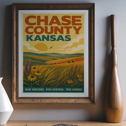 Chase County Kansas vintage travel poster with horses in field.