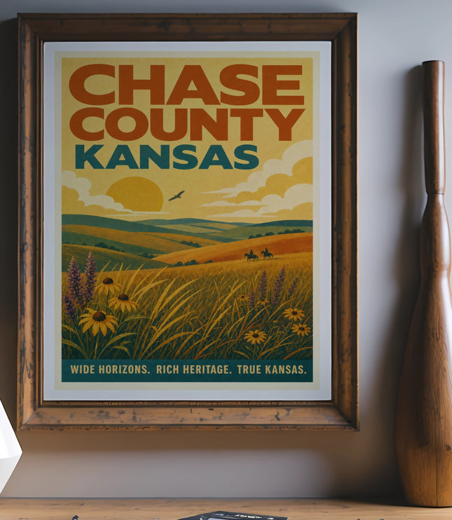 Chase County Kansas vintage travel poster with horses in field.