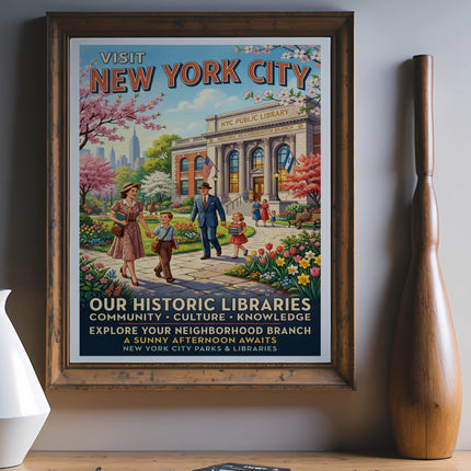 Vintage New York City Public Library poster with people and park scenes.