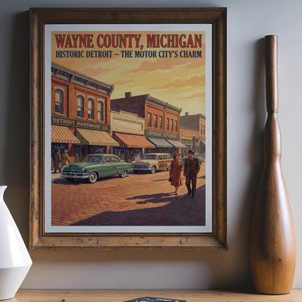 Wayne County, Michigan vintage poster depicting Detroit Historic Charm with cars and buildings.