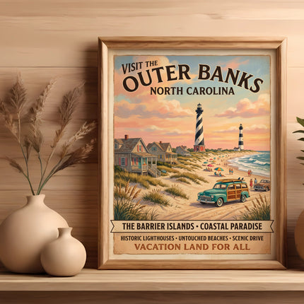 Vintage poster of Outer Banks, North Carolina features lighthouses, beach, and classic car.