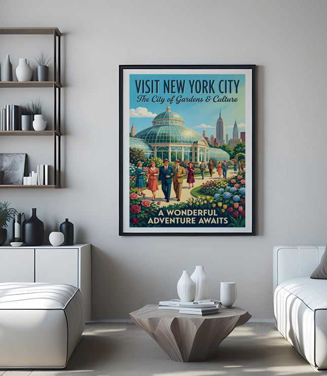 Visit New York City poster with text, featuring botanical garden and skyline.